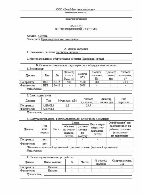 Образец паспорта вентиляции